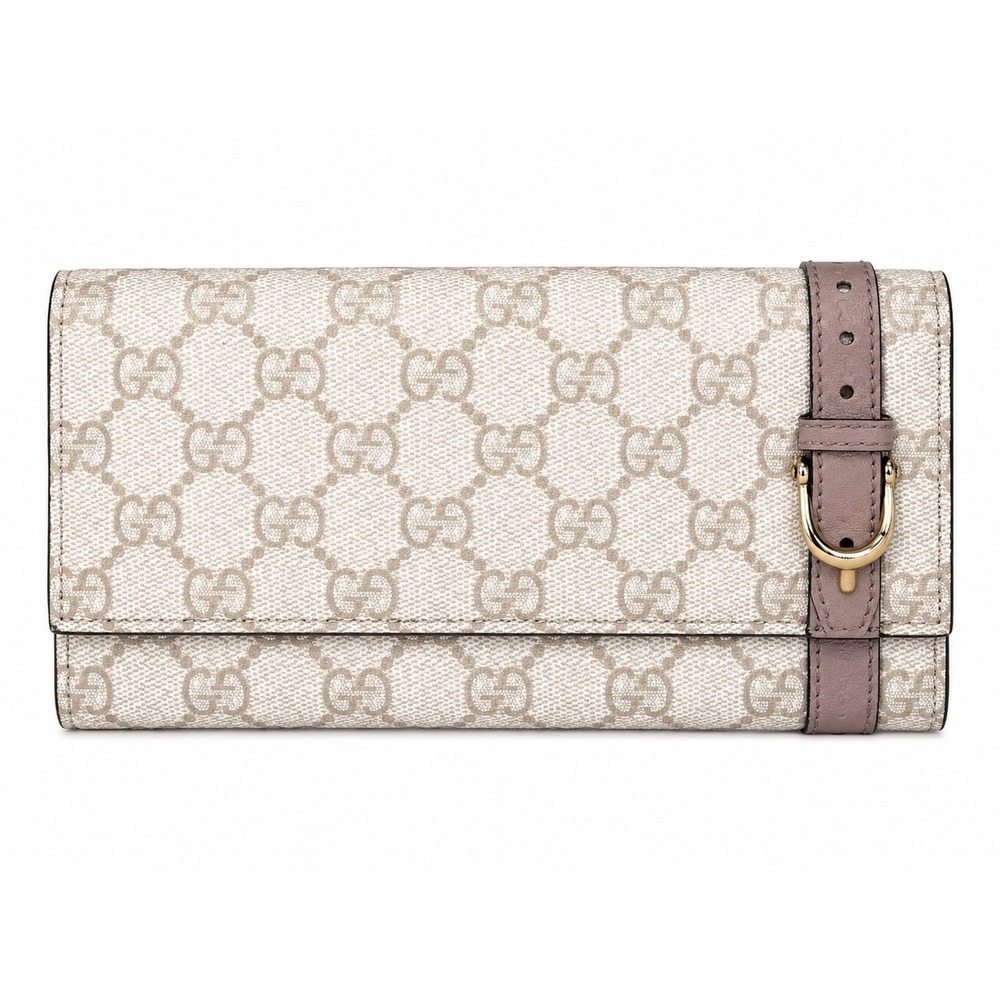 Gucci GG Supreme Continental Wallet Pink Leather Trim 309760 Beige Ebony